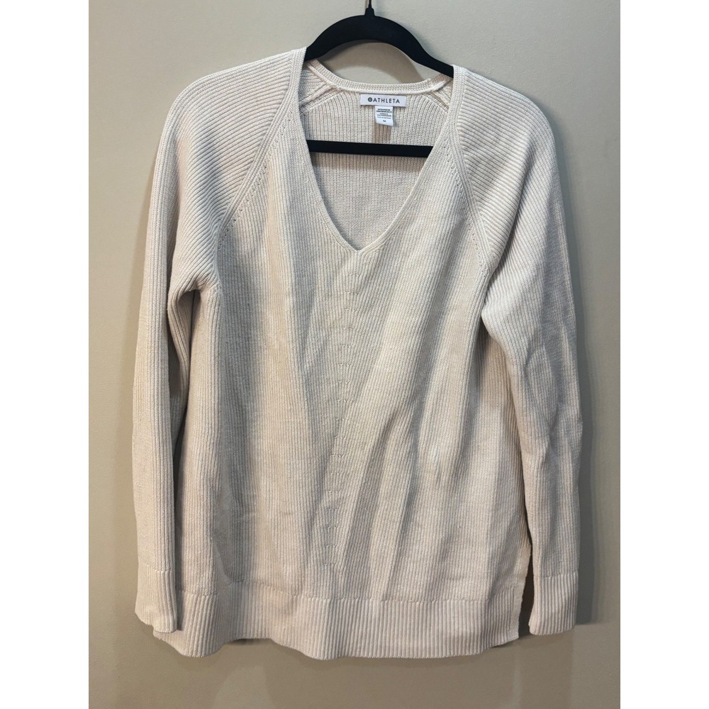 Athleta Wool Blend Pullover Sweater Women's M Cream Oversized V-Neck Knit‎ Small